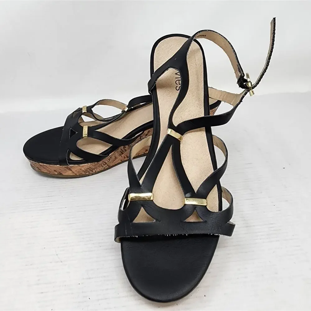 Stevies Black Cork Wedge Sandals‎ Strappy Low Platform Wedge Women's Gift Size 4